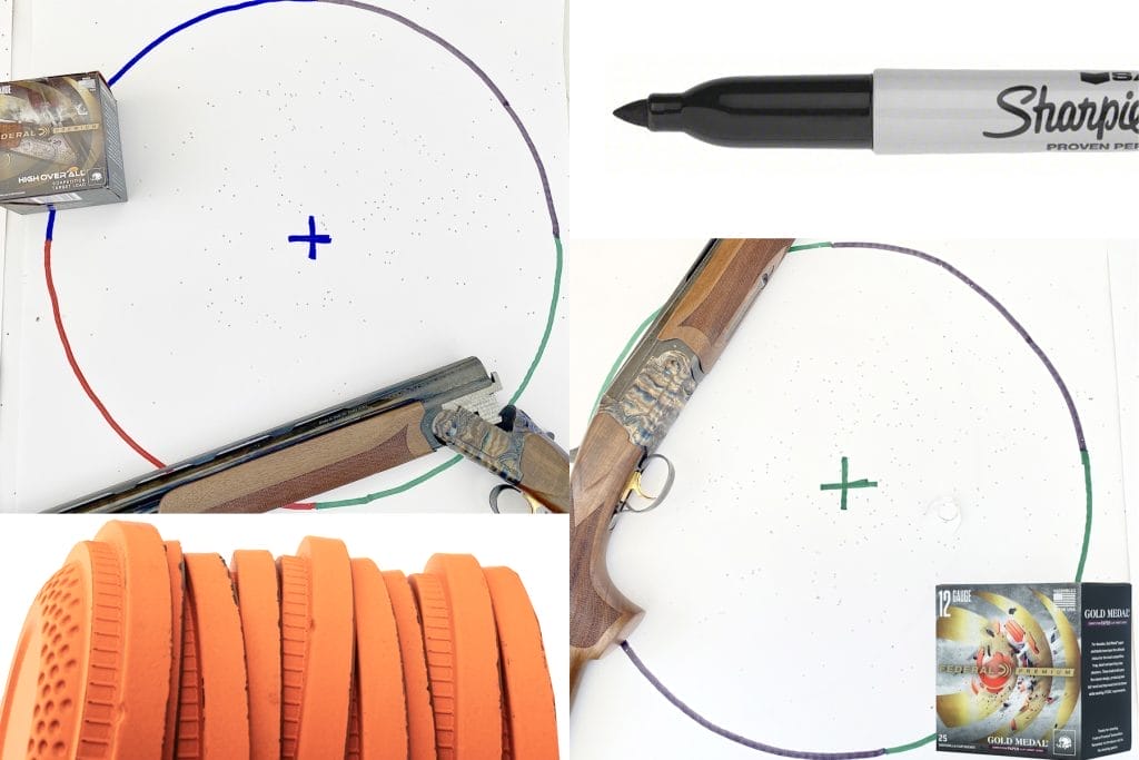 Above left: Even with the shot pulled slightly high, HOA did the job at 30 yards aiming at a 20-inch circle.  Above right: With a little help from the wad (middle, right), Federal’s Gold Medal Paper filled this 20-inch circle nicely at 30 yards.