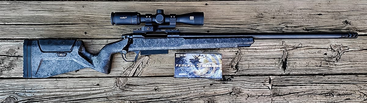 A Modern Carbon Rifle (MCR) from Christensen Arms in .300 Win Mag and Federal Terminal Ascent ammo.