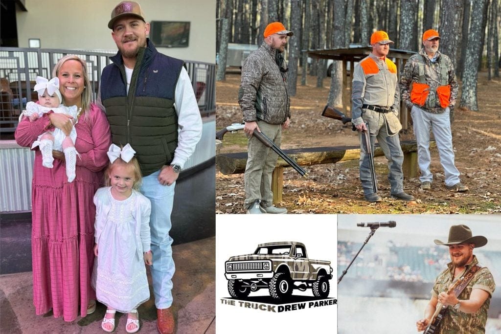 Drew Parker with his family, hunting birds and performing on stage