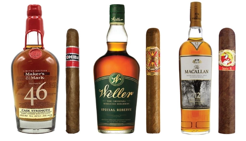 Maker's Mark 46 & Cohiba Red Dot ,  Weller Special Reserve & Arturo Fuente Opus X , Macallan 12 Year Scotch Whiskey & La Gloria Cubana Serie R 