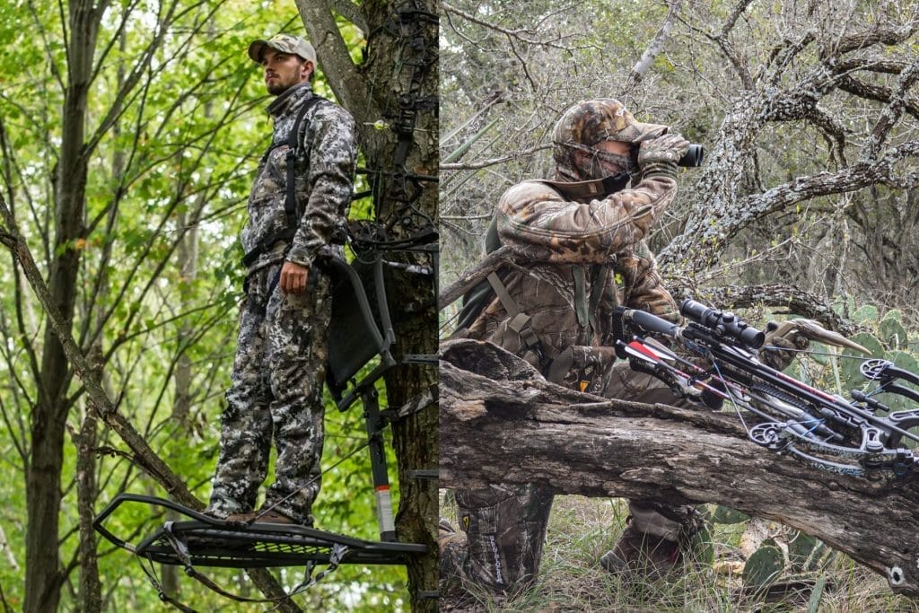 bowhunter in hang-on treestand, crossbow deer hunter in Texas terrain